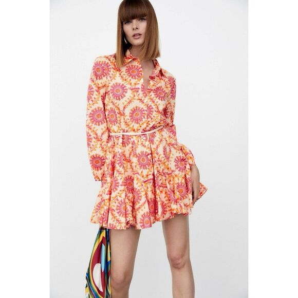 Zara Orange Pink Printed Mini Dress XS - Picture 1 of 5